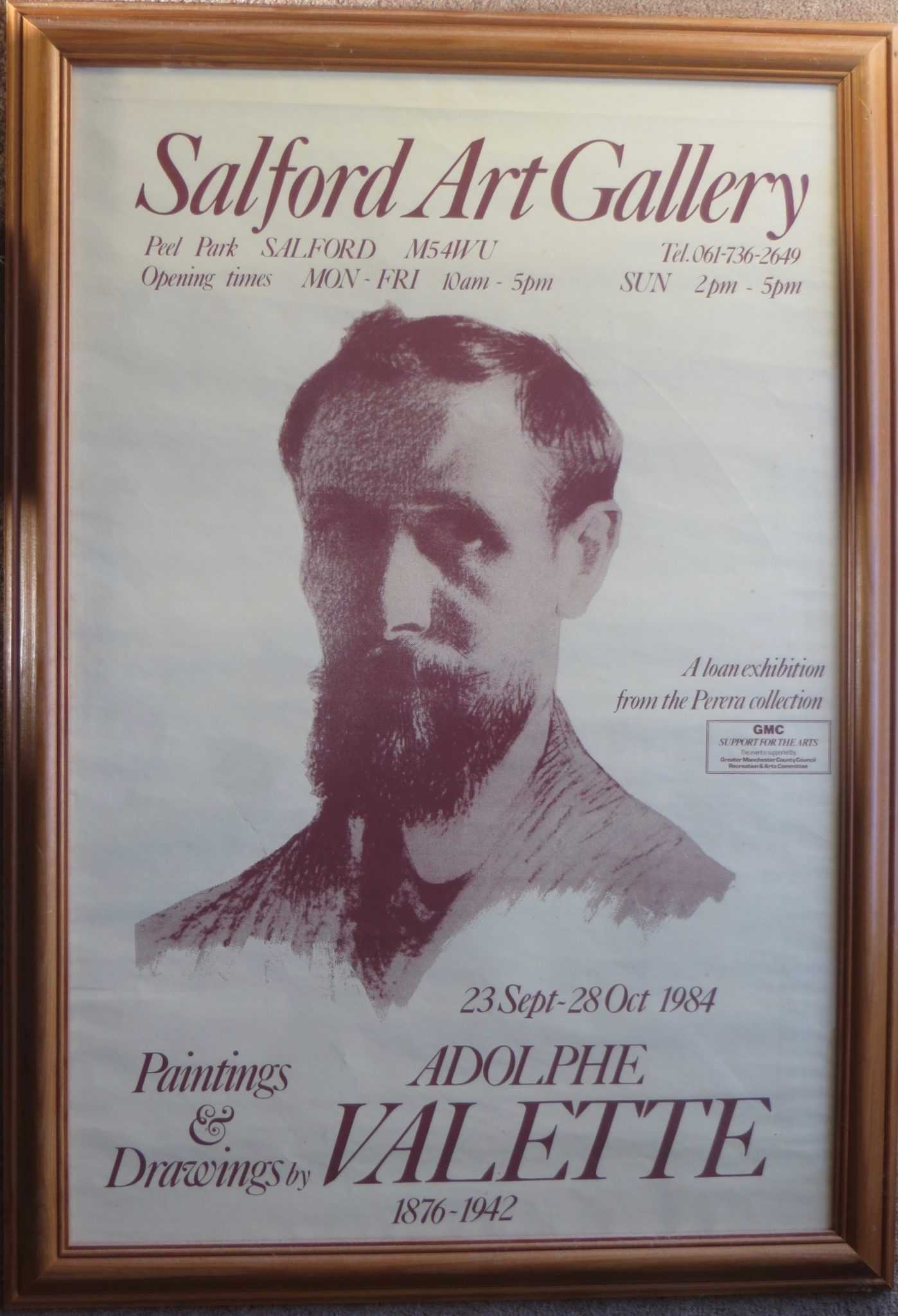 A framed 1984 Salford Art Gallery poster for an Adolphe Valette exhibition, a loan from the Perera collection
